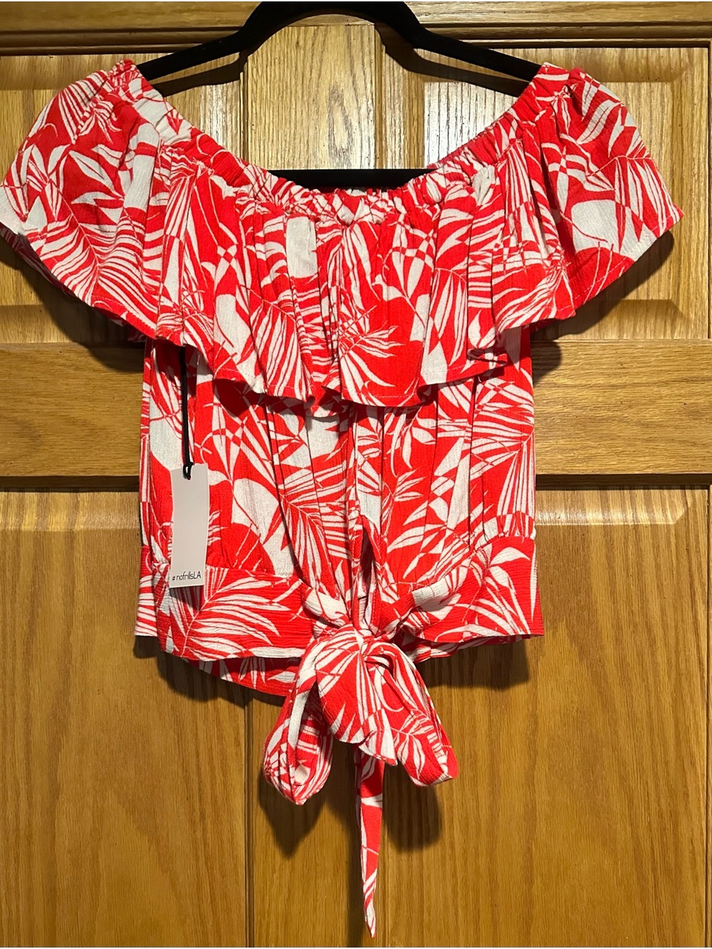 Red Tropical Off-Shoulder Ruffle Blouse - Picture 3 of 6